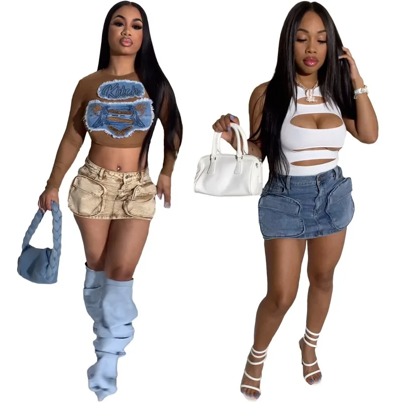 Multi 3D Pocket Denim Cargo Mini Skirts Women 2024 Spring Summer Hip Wrapped Button Fly Jeans Skirt Casual Outfits Streetwear