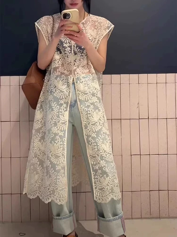 

Streetwear Summer Sleeveless Sexy Women Dresses Y2k Aesthetic Embroidery Flower Dress Fairy Harajuku Lace Split Grunge Vestidos