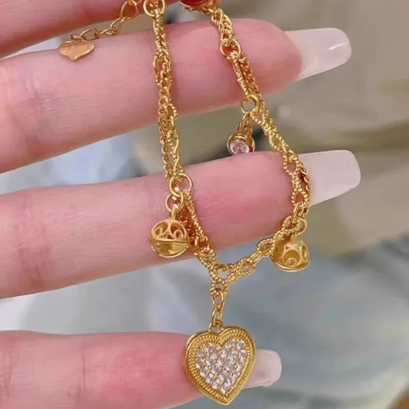 Double Layer Chain Gold Color Love Heart Zircon Pendants Bracelet  Charm Vintage Valentine's Day Jewelry Gifts for Women Lovers