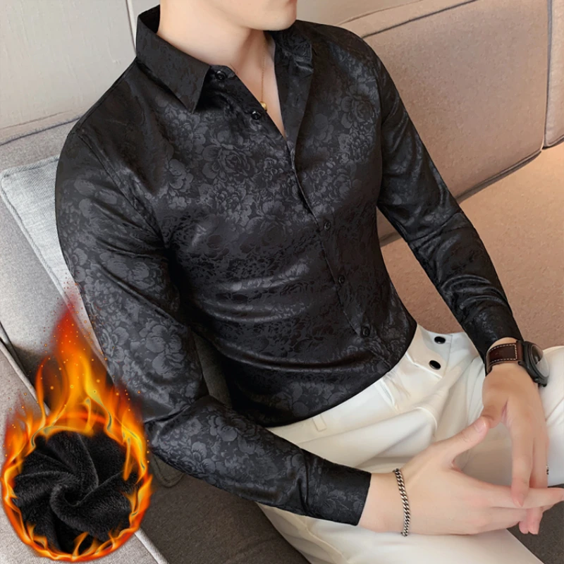 남성용 신사용 캐주얼 비즈니스 패션 플러스 플리스 두꺼운 프린트 슬림핏 단색 웨딩 긴팔 셔츠, 부티크 신제품