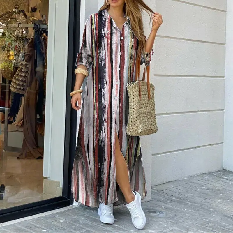 

Ladies Casual Long Street Dress Plus Size Loose Home Commuter Print Sexy Party Female Women Fashionable Shirt style Button Dress