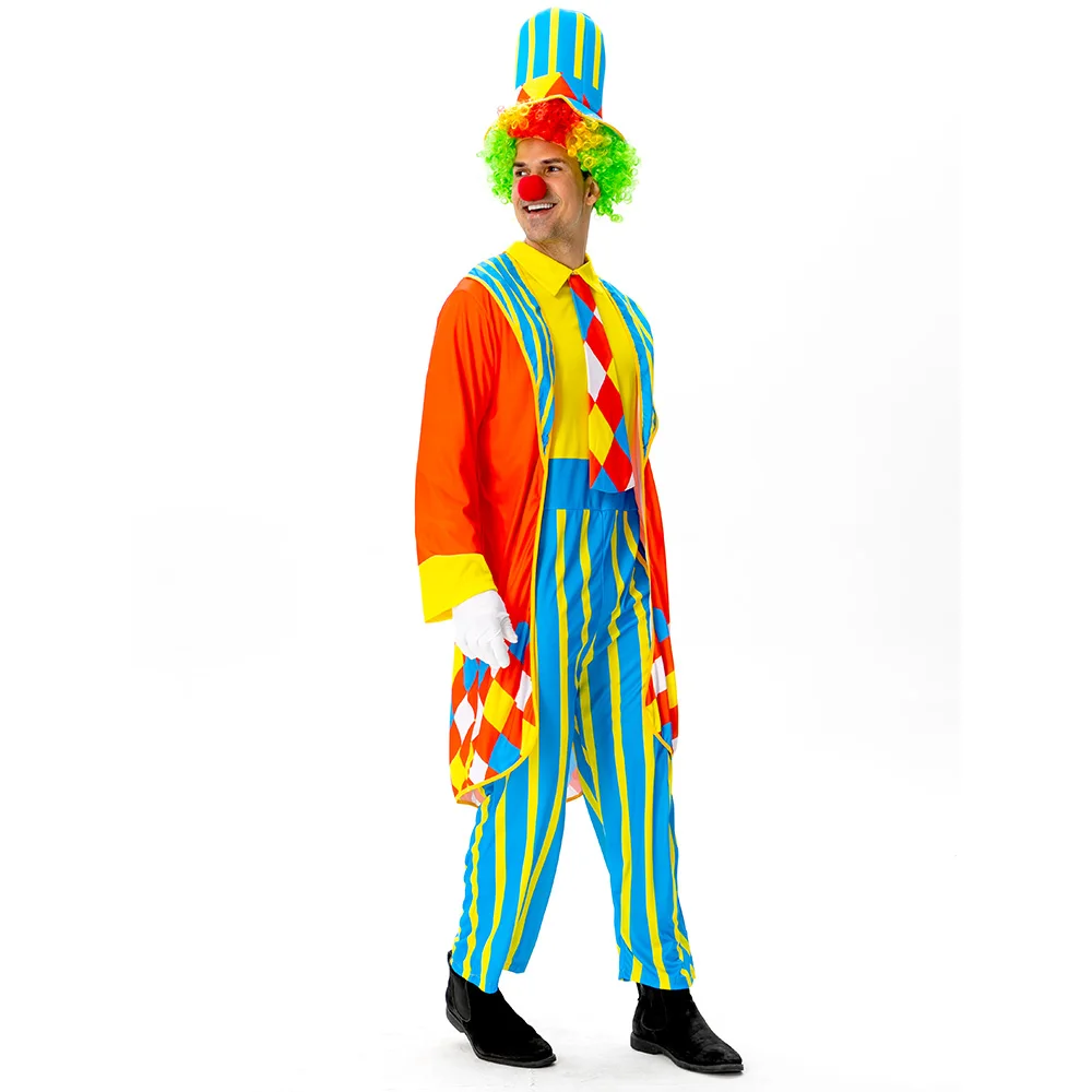 Funny Clown Costume Magic Show Party Cosplay Clothes Top Hat Colored Wig False Nose Entertaining Activities Dress Up