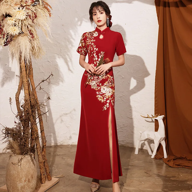 Vestido de casamento chinês para a noiva, Qipao retro, bordado clássico, Applique Cheongsam, Sexy Mermaid Split Vestidos, festa à noite