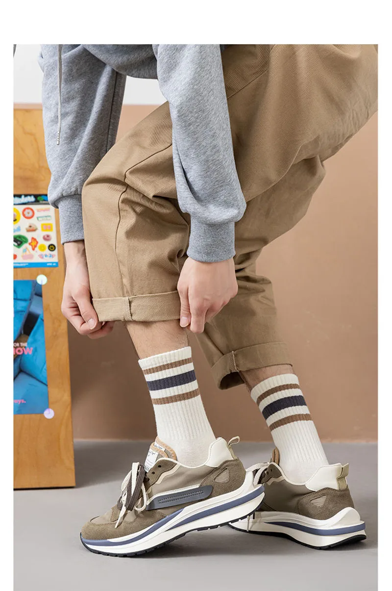 5 Pairs Men Autumn And Winter Striped Sports Socks Comfortable Breathable Wear-resistant Warm Polyester Cotton Mid Tube Socks 17 S6c06a38b2146411c908dcb573eddea35h