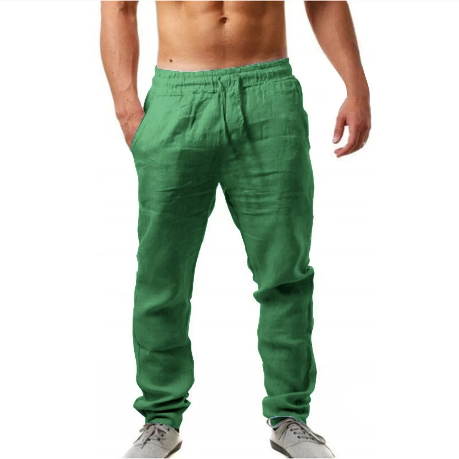 Description Picture 2 of item2024 Men'S Cotton Linen Pants Summer Solid Color Breathable Trousers Male Casual Elastic Waist Fitness Pants Hip-Hop Streetwear