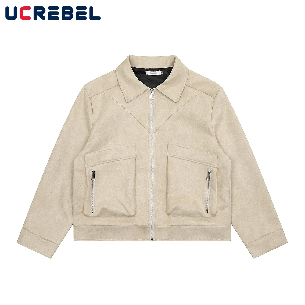 

Streetwear Pocket Suede Jacket Mens Autumn Winter Loose Casual Spliced Lapel Zipper Outerwear Men