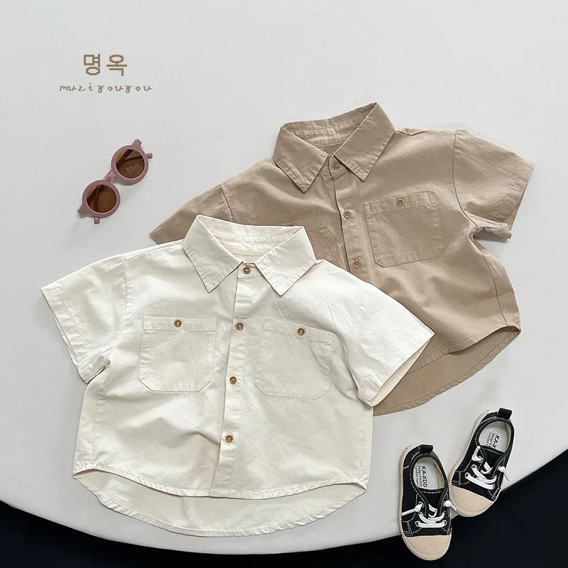 

HZMY-Easy to Match~Spring and Summer New Children's Half Sleeve Shirt Boys and Girls Japanese Style Simple Short Sleeve Jacket T