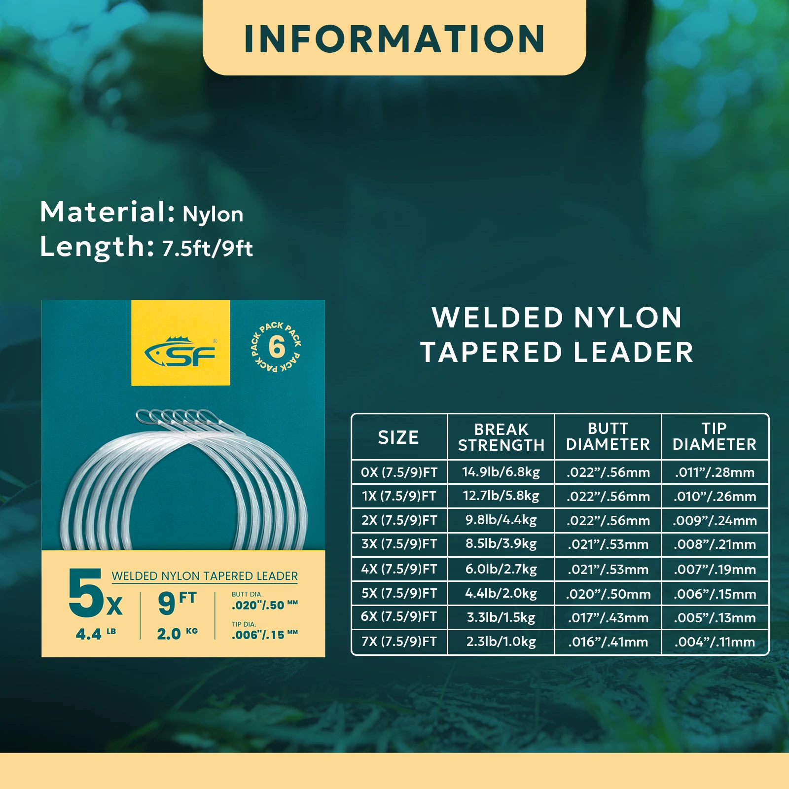 SF 6PCS Nylon Tapered Leader Fly Fishing Line with Pre-tied  Loop/ Welded Loop 7.5FT 9FT 12FT 0-7X 3