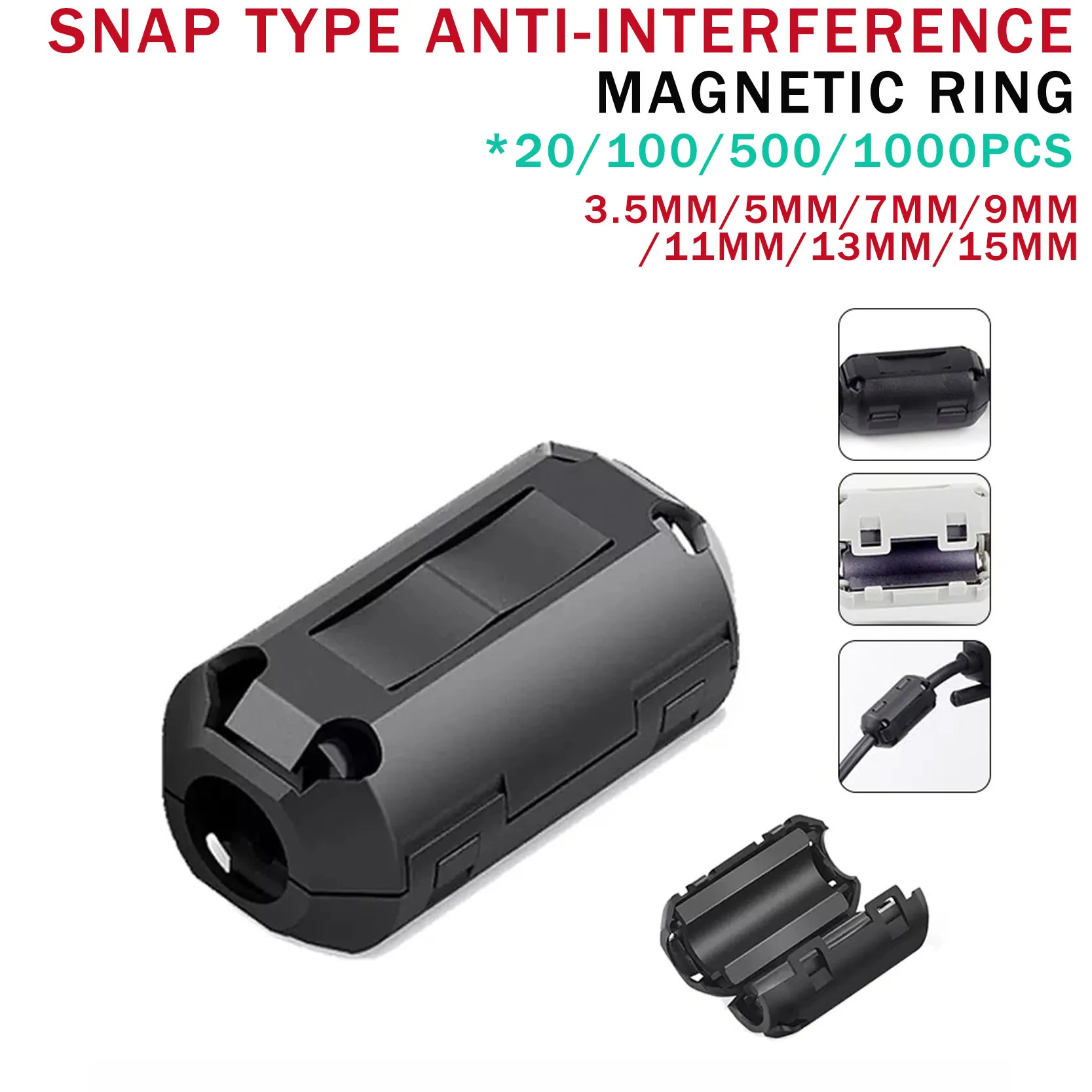 스냅 타입 간섭 방지 마그네틱 링, 클립 온 페라이트 필터, 원형 조리개 도구, EMC 내경 3.5mm, 5mm, 7mm, 9mm, 13mm, 20 개 