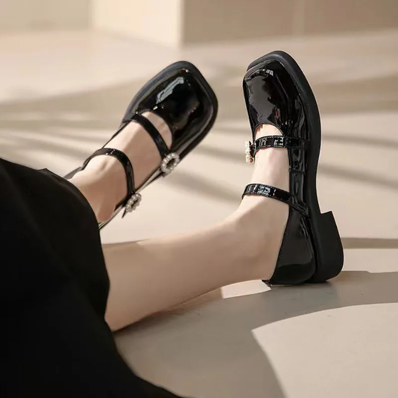 Women Oxford Shoes Square Toe Double Strap Shoes Pearls Buckle Mary Jane Low Heels Leather Casual Shoes for Girls Student New
