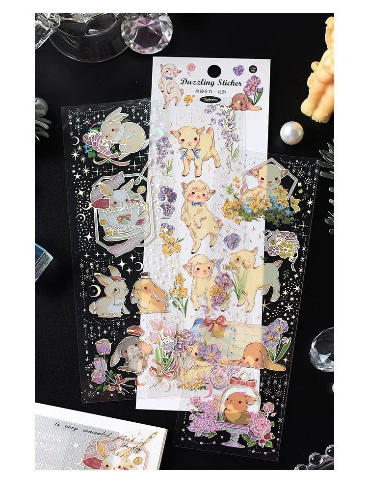 3 Sheets/pack PET Stickers Pick Up Fun In The Wild Rabbit Whale Green Plants Handbook Decorative Stickers