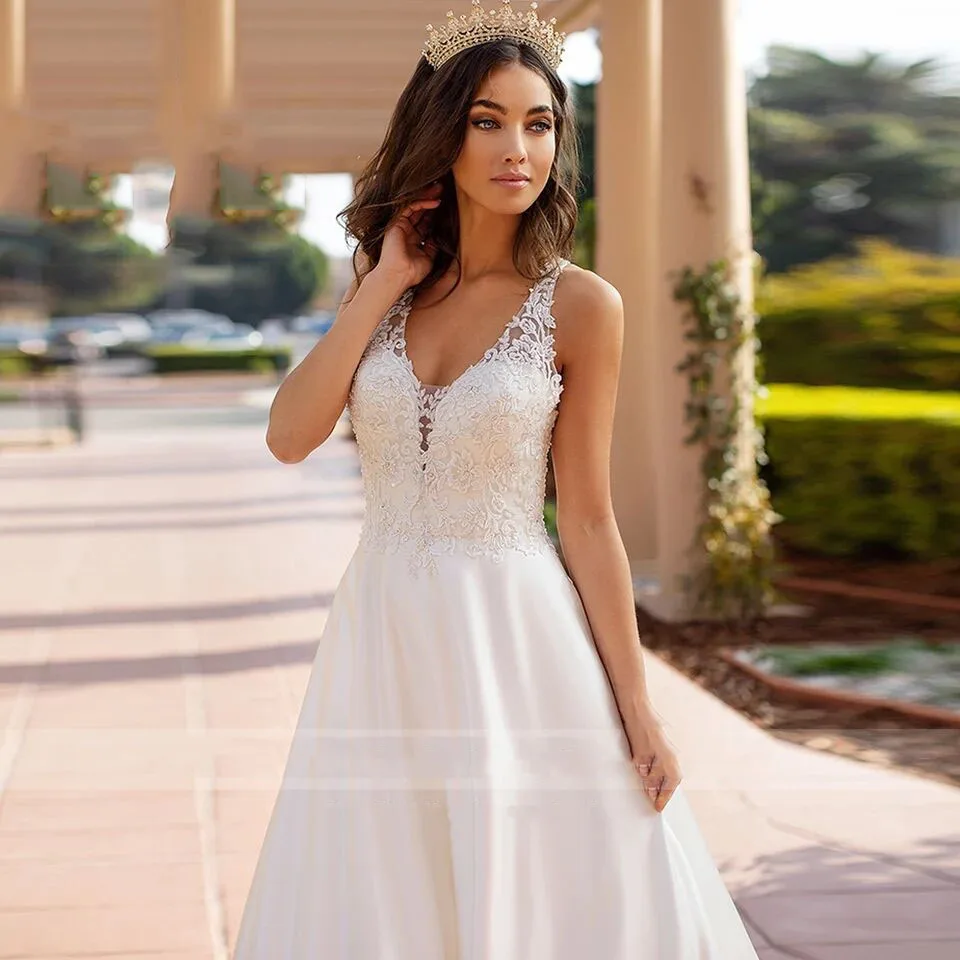 SoDigne Boho Satin Aline Wedding Dresses 2023 Sexy V Nack Lace Blackless Bride Dress Custom Made Sleeveless Bridal Gowns 2