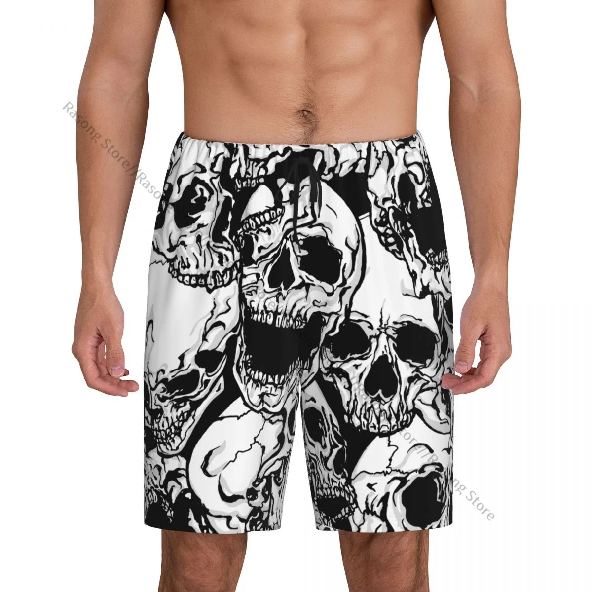 

Men Casual Home Nightwear Pajamas Shorts Black And White Skulls Pyjamas Sleep Bottoms Short Pants Lounge Homewear