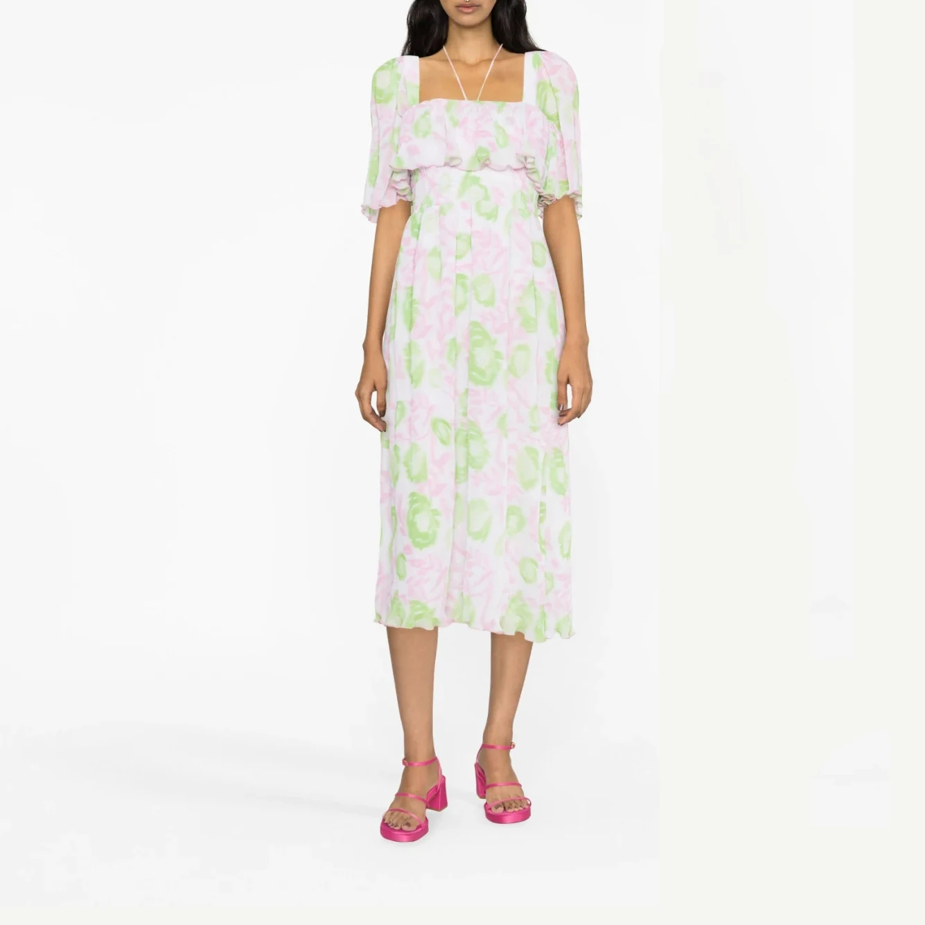 

Floral square neck backless ruffle blouse Women's dress temperament commuter pleated georgette sling dresses for women 2023