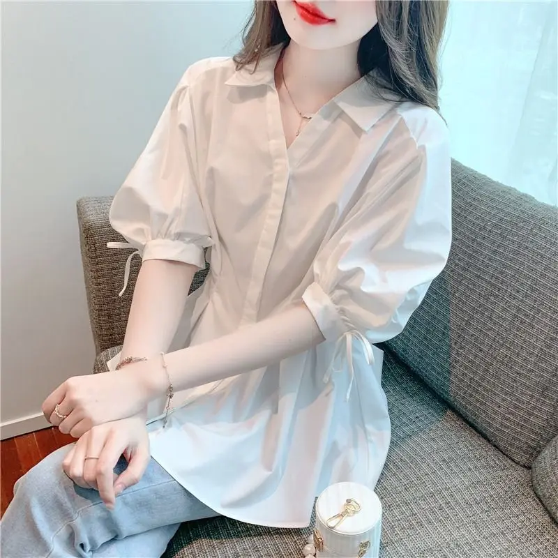 2024 New Summer Elegant and Simple Commuting Fashion V-neck Waist Wrapped Casual Versatile Lace Up Lantern Sleeve Shirt