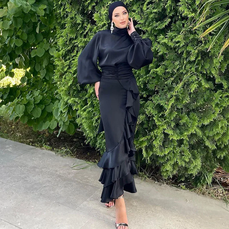 

Elegant Muslim Abaya Woman Set Satin 2 Piece Outfit Top Ruffles Front Tiered Skirt Dubai Islam Modesty Ramadan Eid Dress Vestido