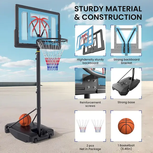 Adjustable Basketball Hoop 4.82-8.53ft, Portable with Wheels, 32in Backboard, Includes Ball & Nets
