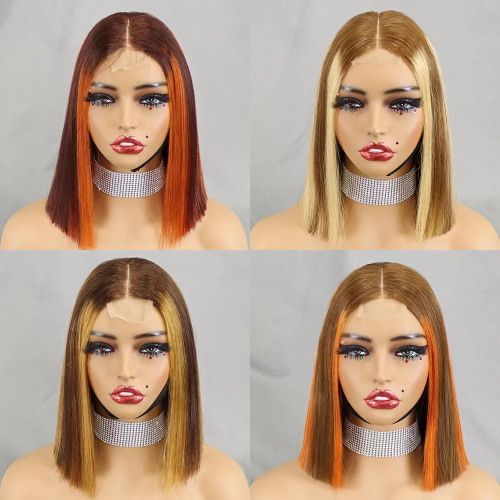 Glueless Double Drawn 12A 350% Density Bone Straight Bob Human Hair Wig Highlight Ombre Hair 2x6 HD Lace Closure Frontal Wigs