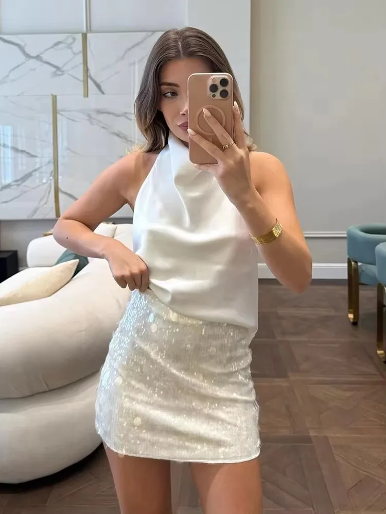 HH Women Fashion Sequins Mini Skirt Sexy Off-Shoulder Halter Top High Waist Slim Skirts Spring Summer High Street Lady Clothing