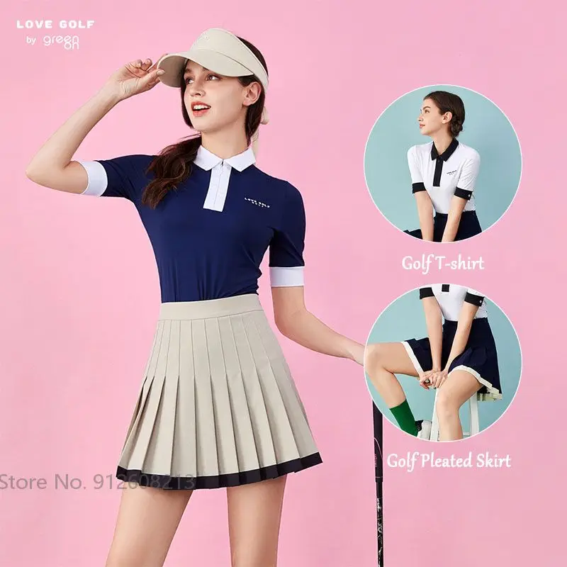 

Love Golf Women Sports Polo T-shirts Summer Ice Silk Golf Shirts Lady Pleated Skirt Sets High Waist Skort Golf Short Sleeve Tops