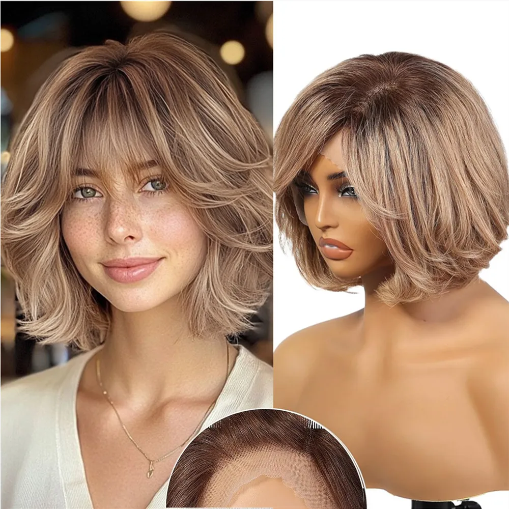 12 In Lace Front Human Hair Wigs for Women Light Brown Short Layered Wavy Bob Wig with Bangs Remy Human Hair Wigs for Daily Use human hair wigs