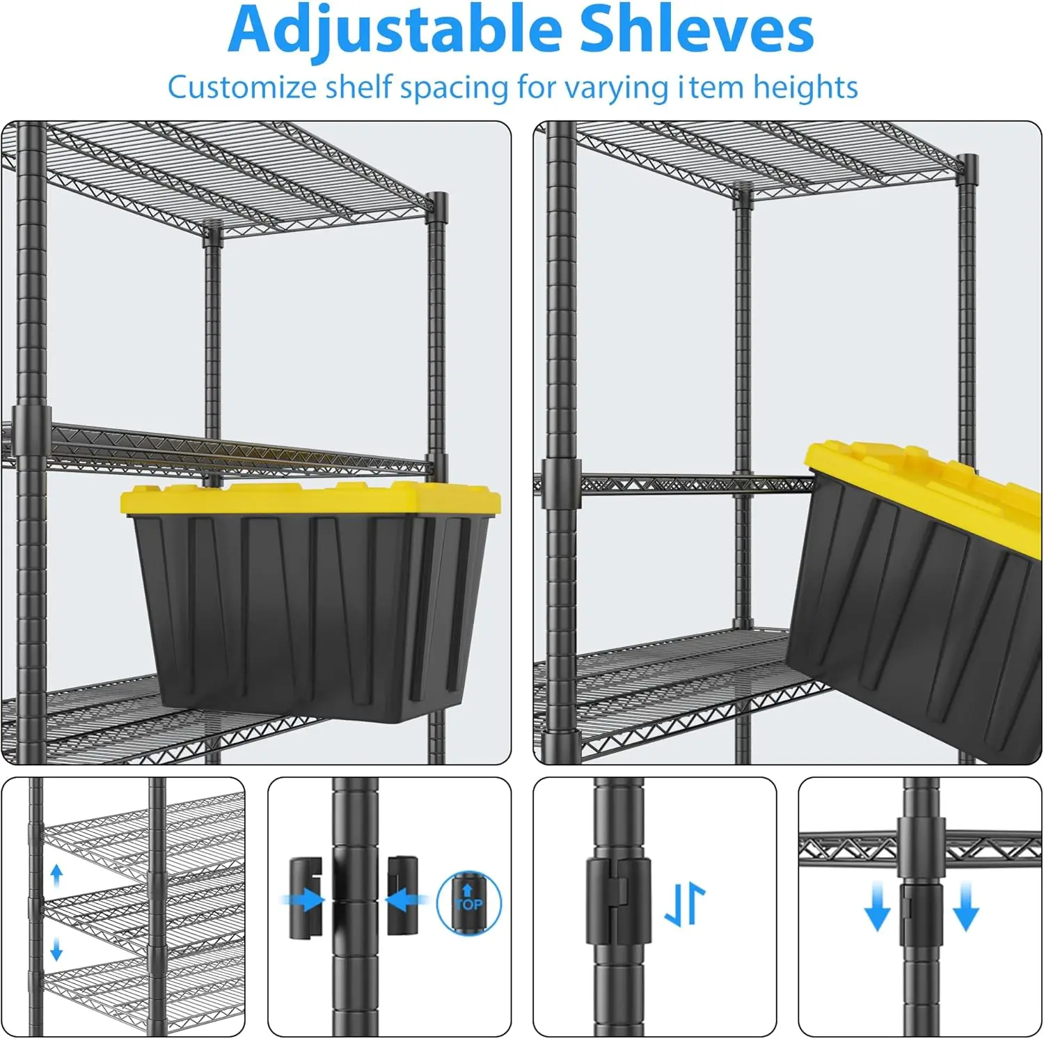 Heavy Duty Storage Shelves, 5 Tier Wire Unit with Wheels. Adjustable Metal Shelves for Garage, Pantry, Kitchen. 24"x60"x82"Black