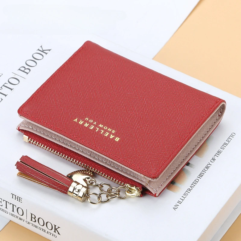 

Women Short Wallet Fashion Crossed Grain PU Leather Tassel Zipper Coin Purse Mini Money Bag Girls Small Cute Pink Card Holder