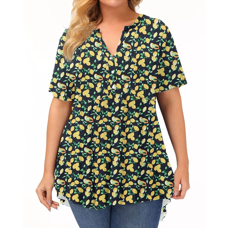 Womens Plus Size Clothes Floral Printing Tops Summer V-neck Button Casual Short Sleeve Pullover Basic Comfort Irregular T-Shirt