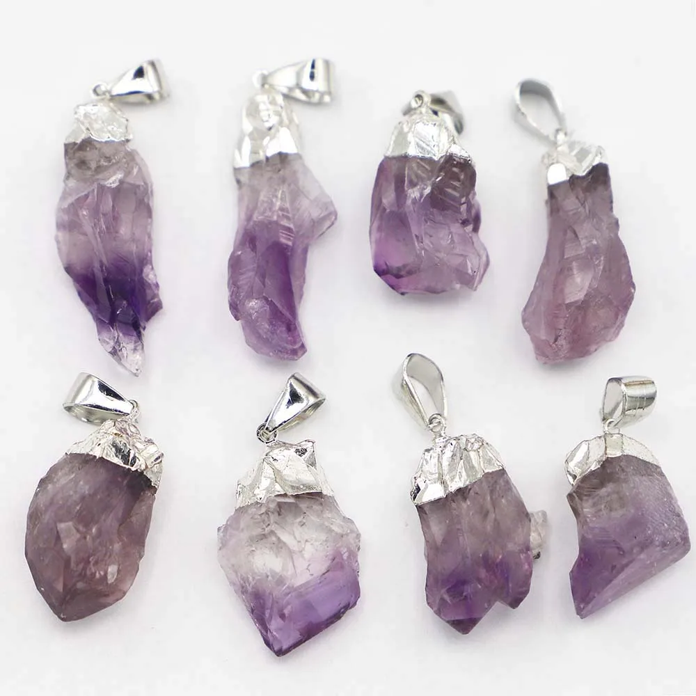 Free Shipping Natural Irregular Amethyst Silver Head Pendant Necklace Charm Jewelry Accessories Party Gifts Wholesale 10Pcs/Lot