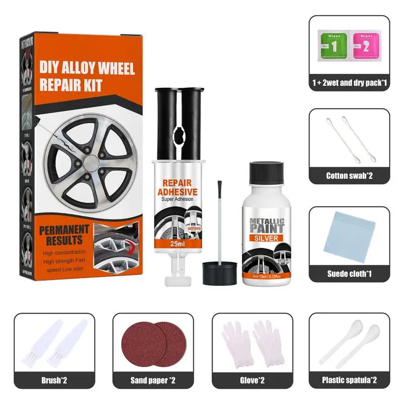 Wheel Repair Kit DIY Car Alloy Wheel Repair Adhesive Silver Paint Fix For Car Auto Rim Dent Scratch