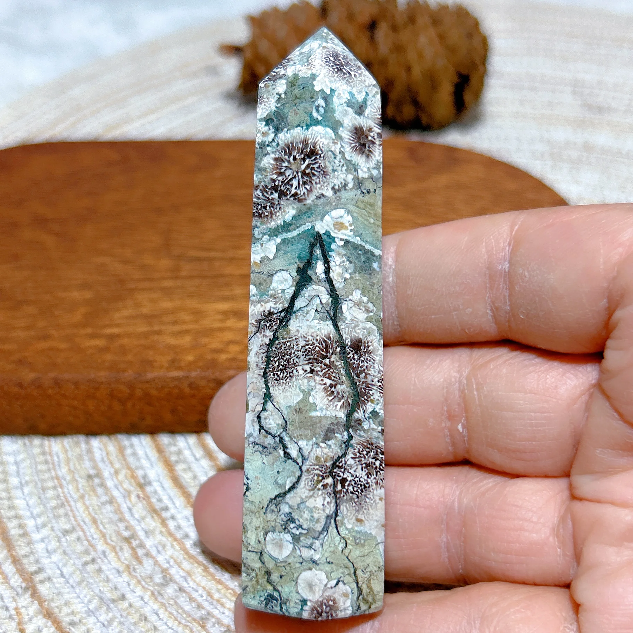 Natural Crystal Green Plum Blossom Jasper Tower Point Healing High