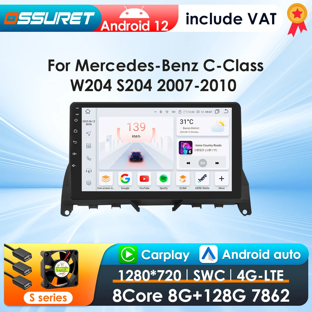 OSSURET CarPlay Android Auto Multimedia Video Player Für Mercedes Benz C-Klasse W204 S204 Navigation GPS 2din 4G-LET autoradio RDS