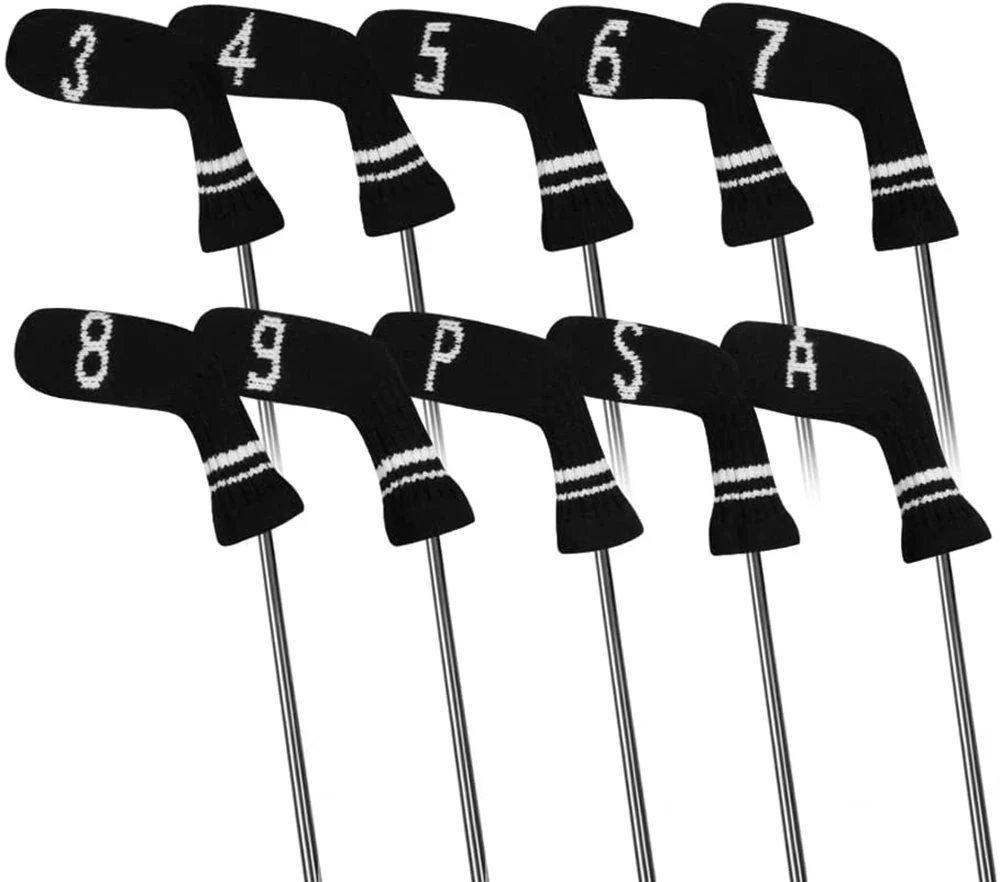 10Pcs Black Knitted Golf Headcover Covers Club Iron Golf Wedges Head Covers Knit Long-neck Sock Style Golf Headcovers Washable