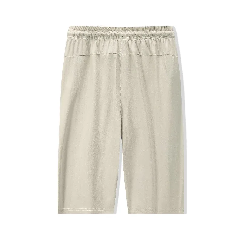 Trendy Casual Sports Summer Thin Men's Shorts Ice Silk Fabric Elastic Waist Drawstring Pockets Zipper Loose Calf Length Pants