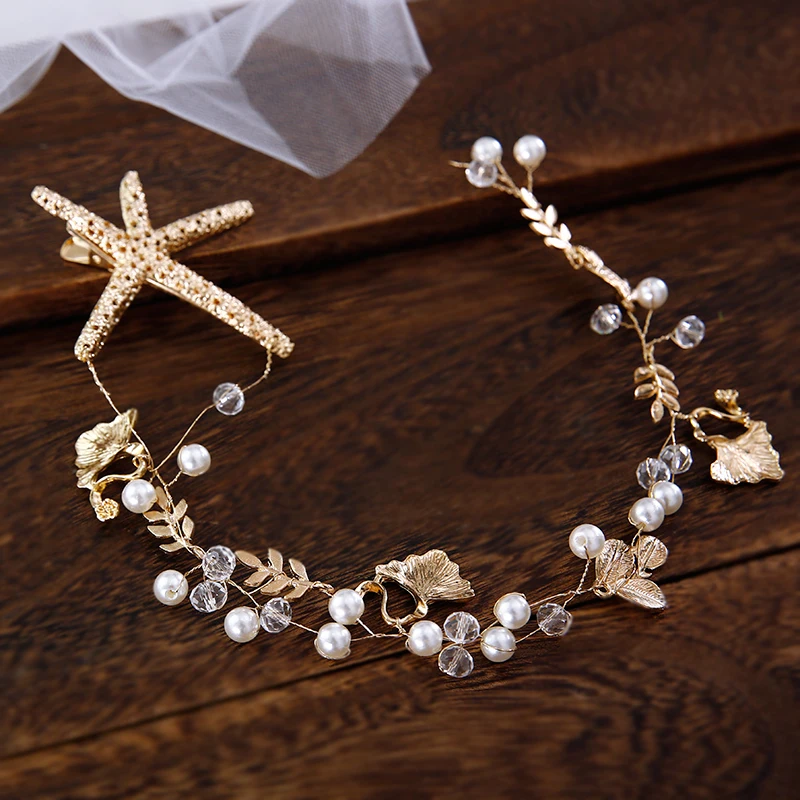 Elegant Starfish Star Hairpins The Bridal Hair Accessories Handmade Headband Bride Handmade Tiaras Soft Pearl Hair Jewelry