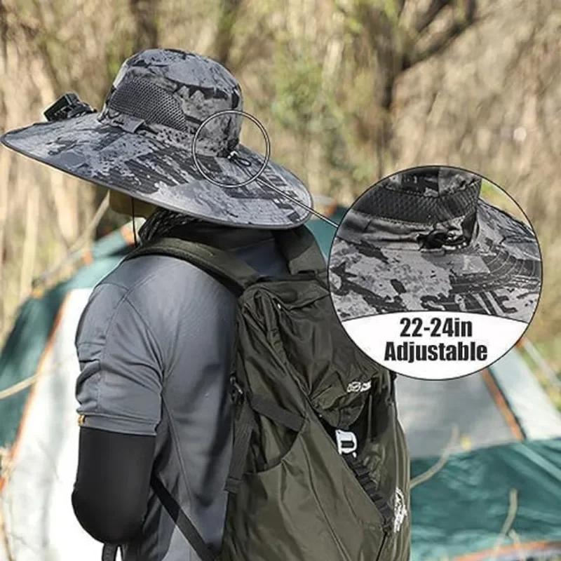 Sun Hat Men Fashion Wide Brim Solar Fan Hat UPF50+ Sun Protection with Dual Power Solar USB Adjustable Outdoor Beach Fishing Hat