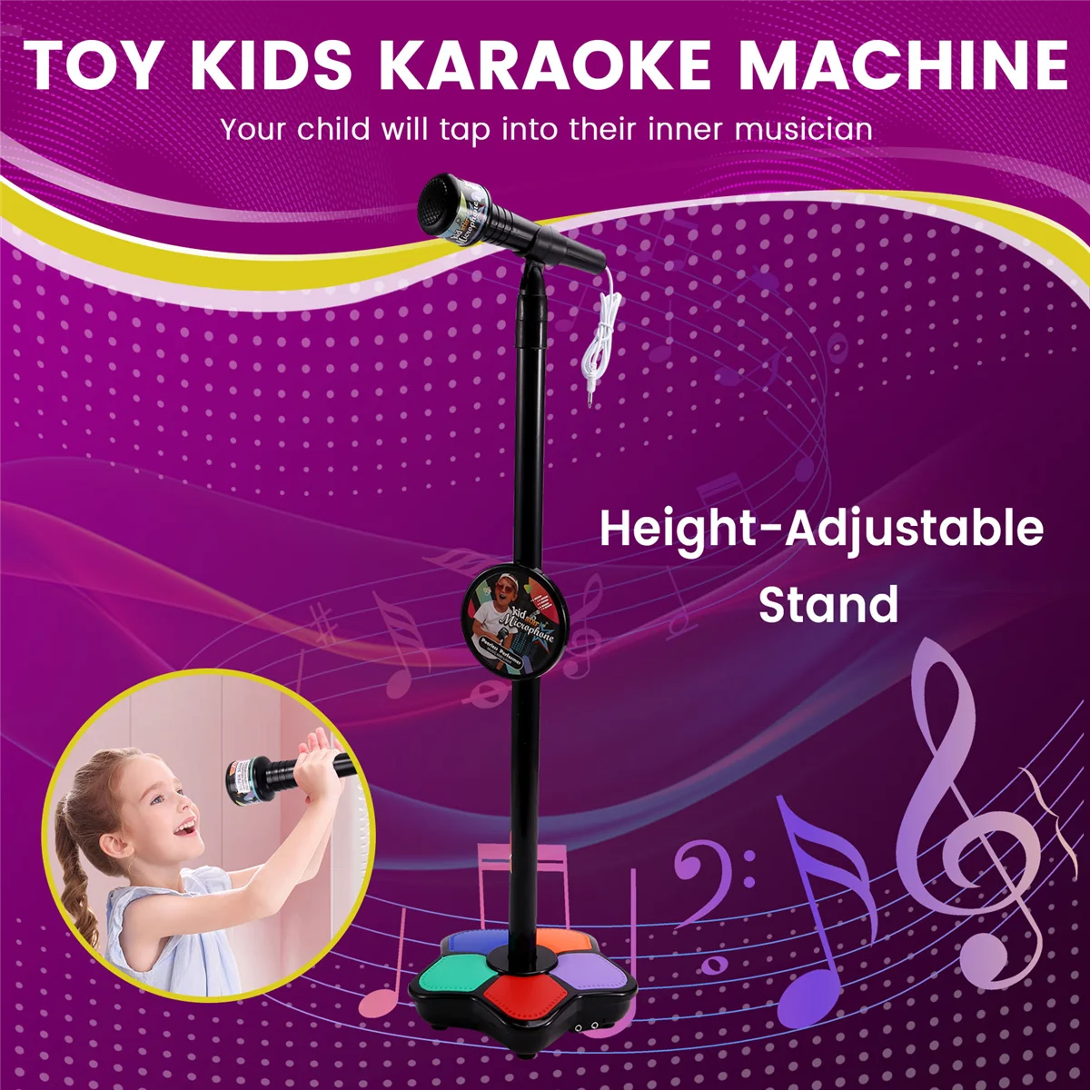 Kids Microphone with Light Stand Toy,Height-Adjustable Microphone,Brain-Training Educational Toys Birthday Gift Black