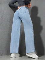 Retro Loose Wide Leg Jeans Fashion Women Solid Straight Wash High Elastic Waist Denim Pants Casual Streetwear Pocket Trousers - Image 4