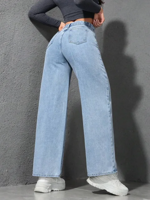 Jean rétro ample à jambes larges pour femmes, mode solide, lavage droit, taille haute élastique, pantalon en Denim, décontracté, Streetwear, pantalon à poches 4