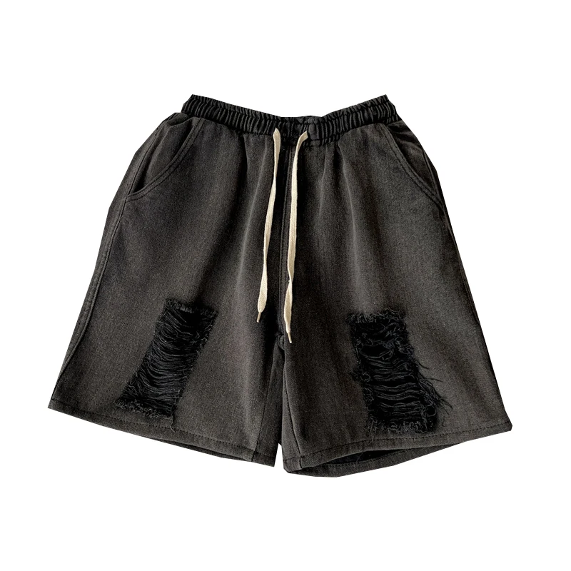 Baggy Vintage Summer Denim Shorts Men Ripped Straight Mid Rise Jeans for Men Drawstring Fashion Clothing Trend A187