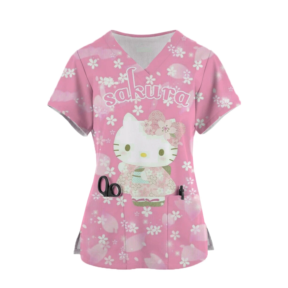 thumbnail image 1 of Uniforme de enfermera kawaii con estampado de Hello Kitty para mujer, blusa de manga corta con bolsillos, uniformes médicos de enfermería, 1 of 4