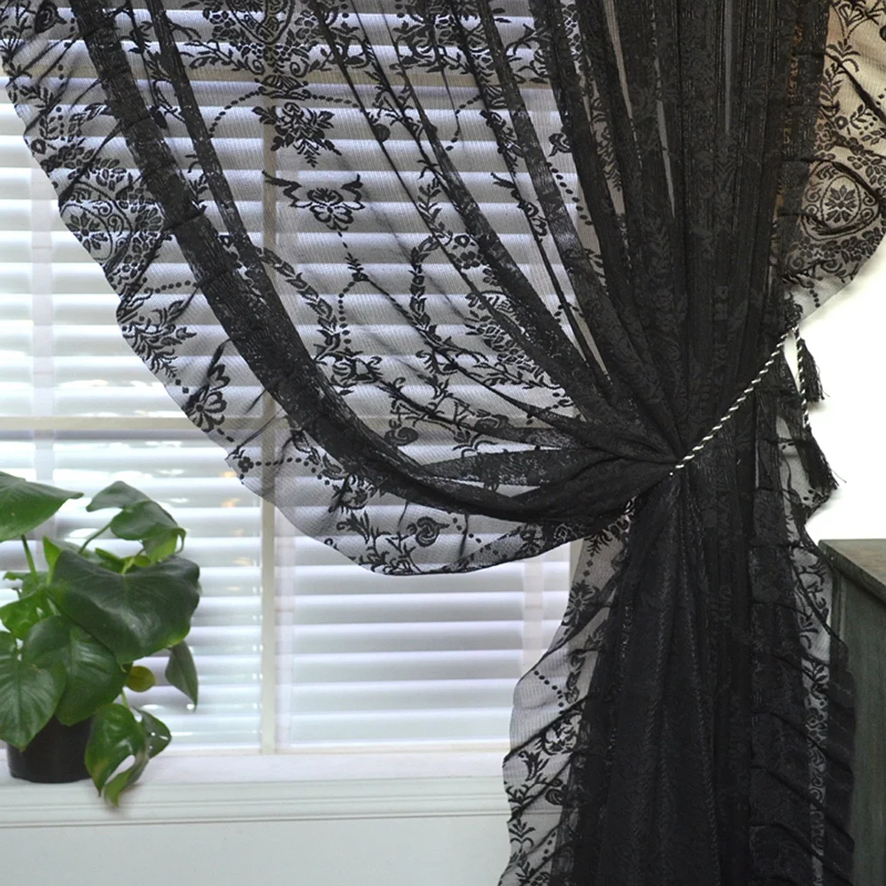 Černá květinová tyl prohrábnout krajky vintage voálové úplný záclony pro ložnice romantické kvést lehký filtering okno drapes nestandartní