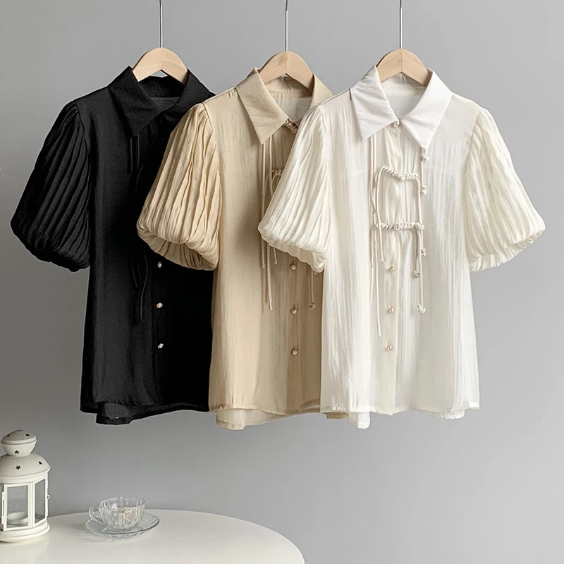 QOERLIN Chinese Style Puff Sleeve Short Sleeve Solid Color Summer Tops Shirt Retro Minimalist Blouse Elegant Loose Office Ladies