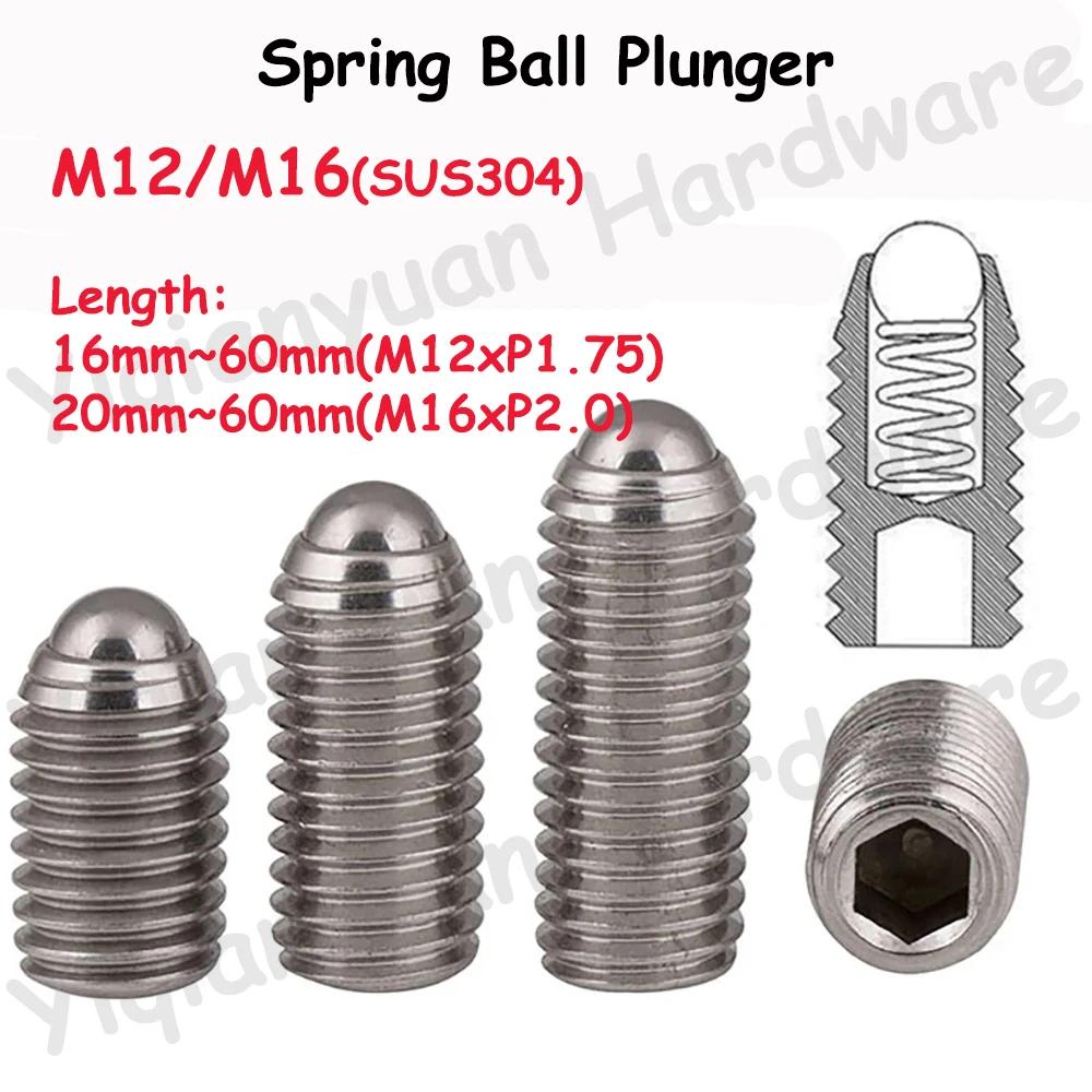 

M12 M16 Coarse Thread SUS304 Stainless Steel Hexagon Socket Spring Ball Plunger Point Set Screws Allen Key Headless Grub Bolts