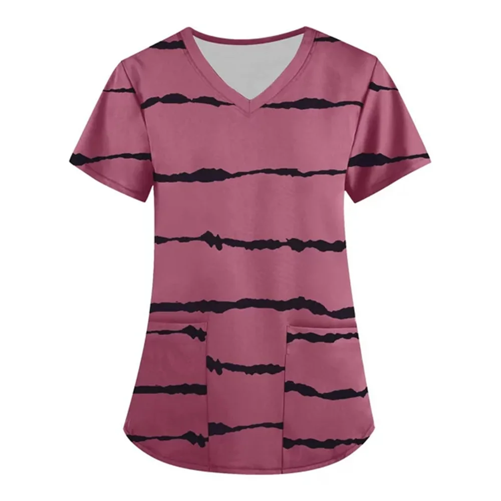 Lässige Krankens ch wester Uniform Print Frauen Kurzarm Tops V-Ausschnitt Bluse Hemd Tasche Schönheits pflege Peeling Uniformen Enfermera Mujer 2023 – Detail 13