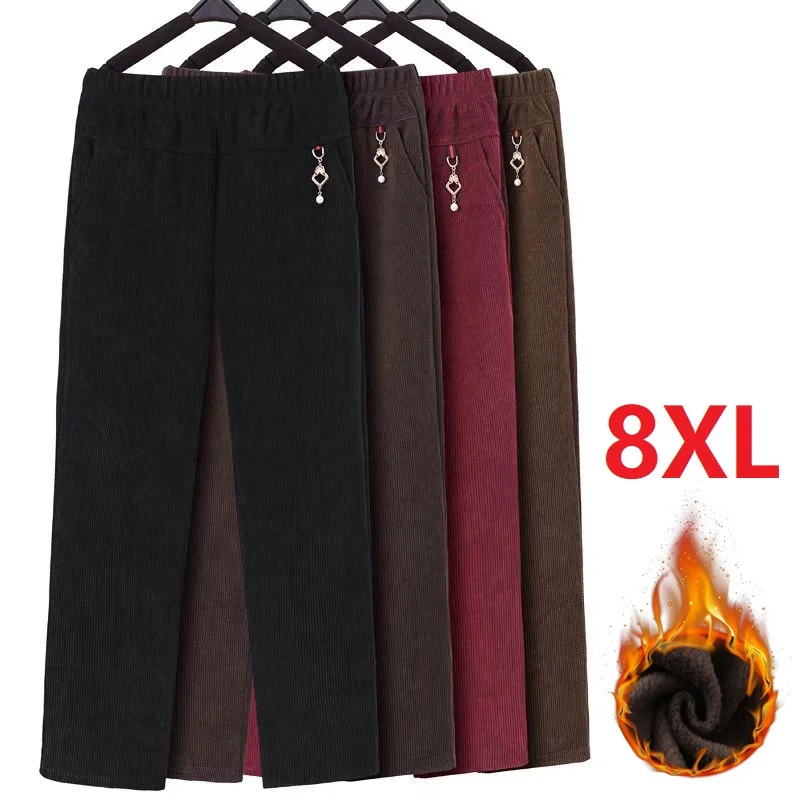 Pantaloni dritti in velluto a coste di alta qualità donna autunno inverno Oversize 8XL pantaloni madre in pile Thicke pantaloni Casual caldi femminili nuovi 1