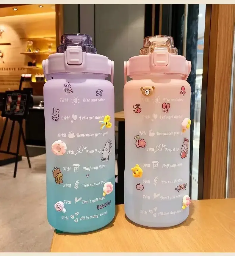 2L Colorful Frosted Water Bottle With Straw And Cute 