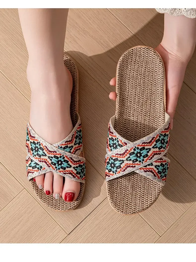 S6c09439f685f45519ed991a9e1ca0309l Open-Toe Crossed Linen Slippers for Couples Indoor Use