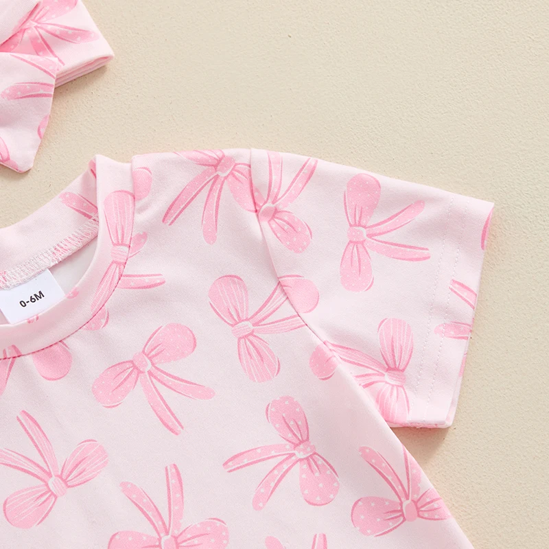 Description Picture 6 of itemLittle Girls Summer Sets Short Sleeve Bow Floral Print Tops Shorts Headband Sets
