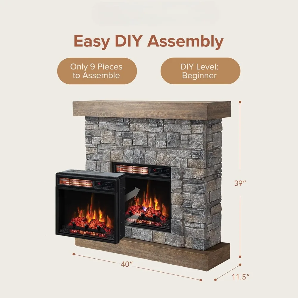 Raeford 40 Inch Wood Fireplace Mantel with Stone Brick Surround and 18" Electric Fireplace Insert | 40" L X 40" H X 11.5" D 5
